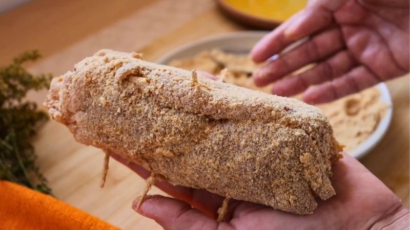 Enrollado de pollo empanizado - Coffee María Enrollado de pollo relleno totalmente cubierto con pan rallado, sostenido con las manos antes de ser sellado en la sartén.