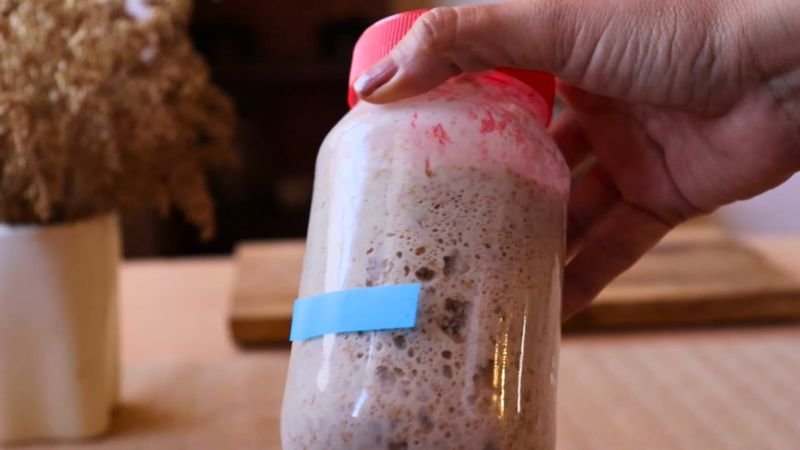 Primer plano de la red de gluten y burbujas grandes de la masa madre lista para hornear en el día 6.